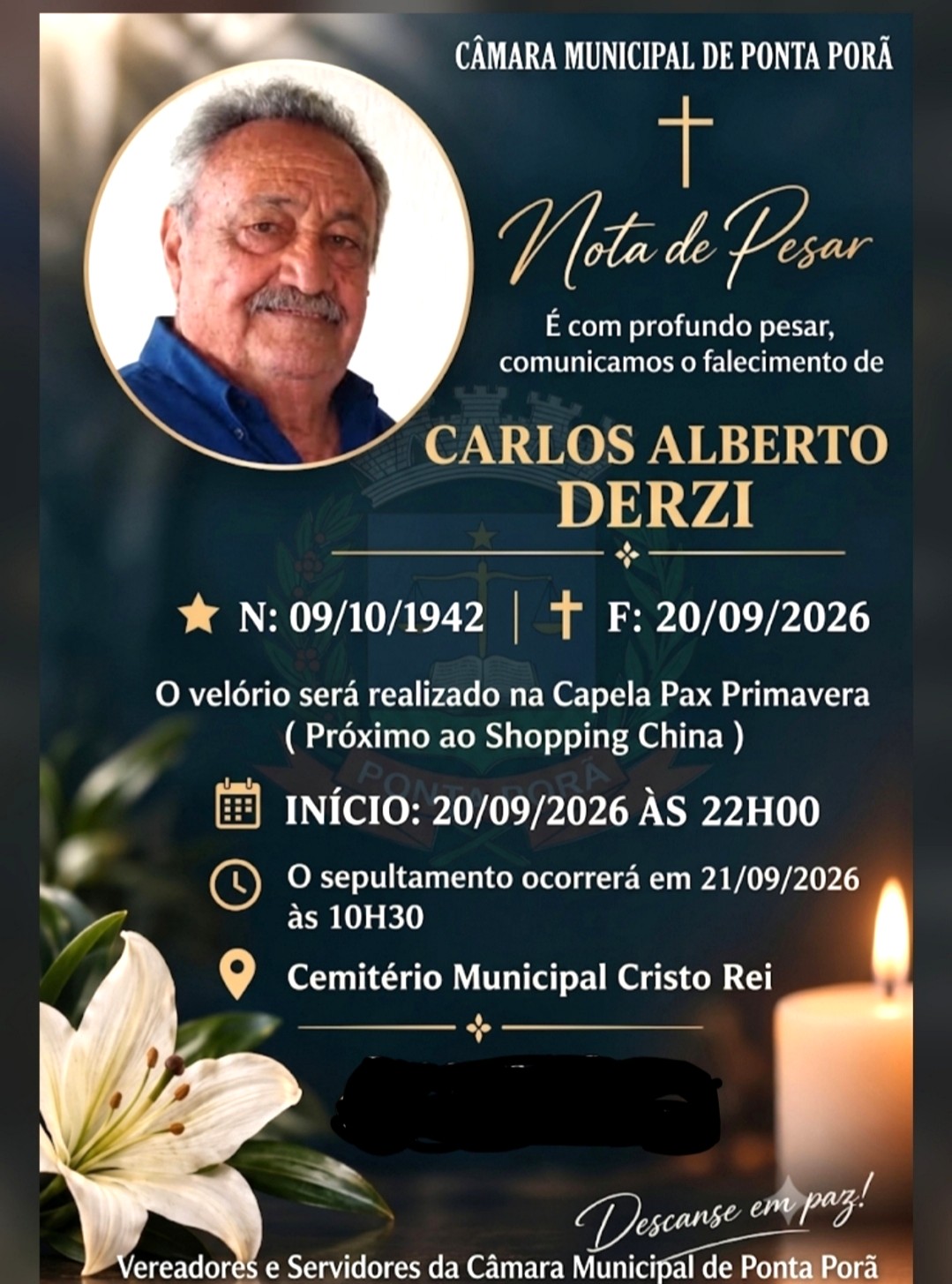 Câmara de Ponta Porã emite nota de pesar pelo falecimento do ex-vereador Carlos Alberto Derzi