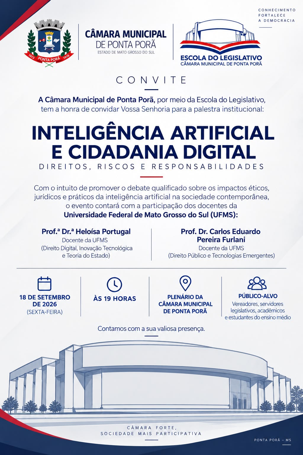 Escola do Legislativo de Ponta Porã promove palestra  sobre Inteligência Artificial e Cidadania Digital no dia 18